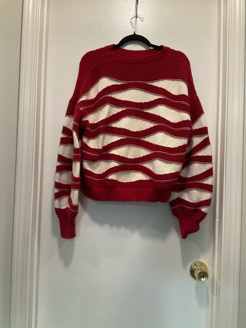 Red and Cream Striped Knit Sweater - Women